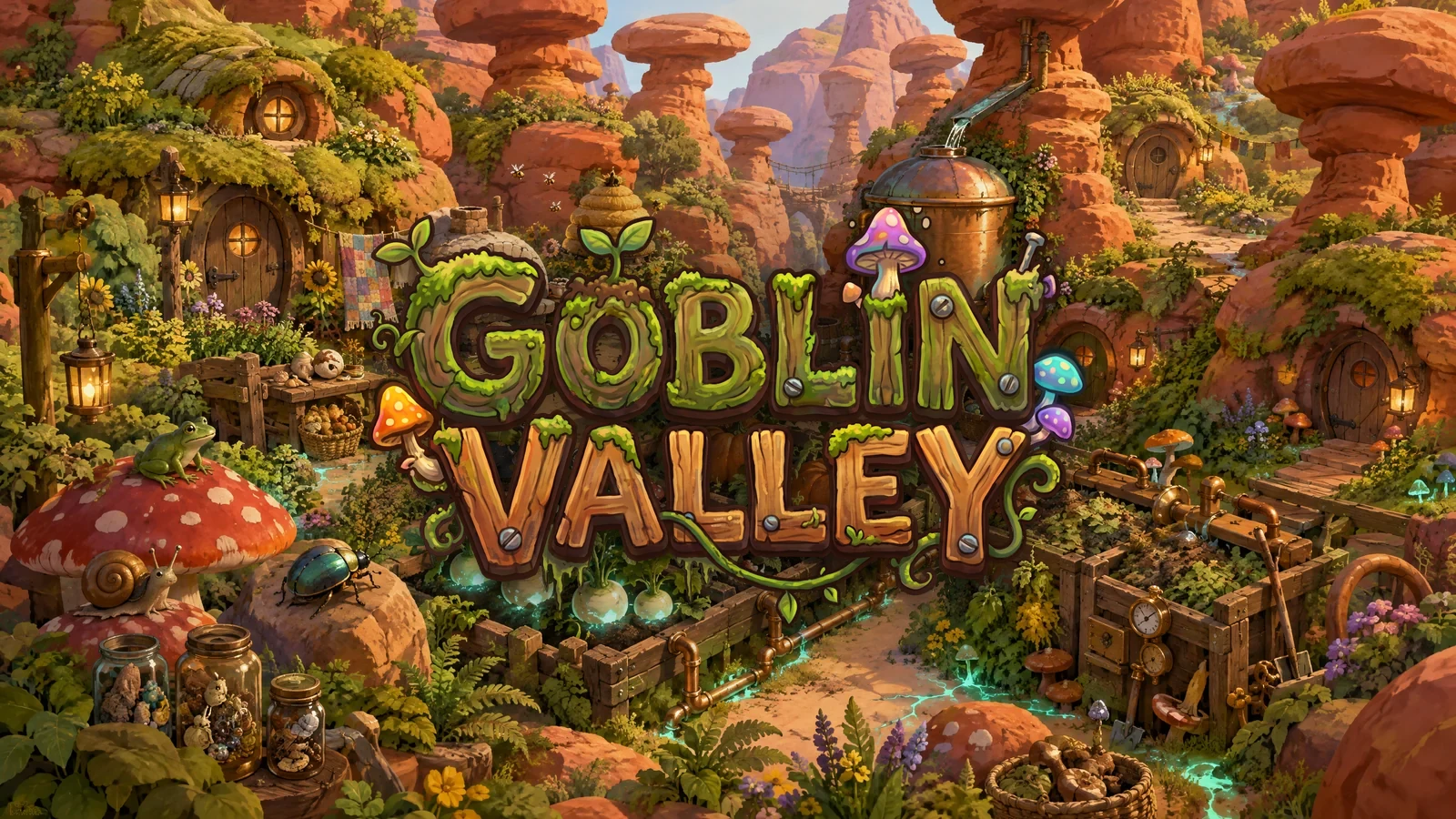 Goblin Valley title logo over concept art of a goblin farm among sandstone hoodoos, copper pipes and burrow homes
