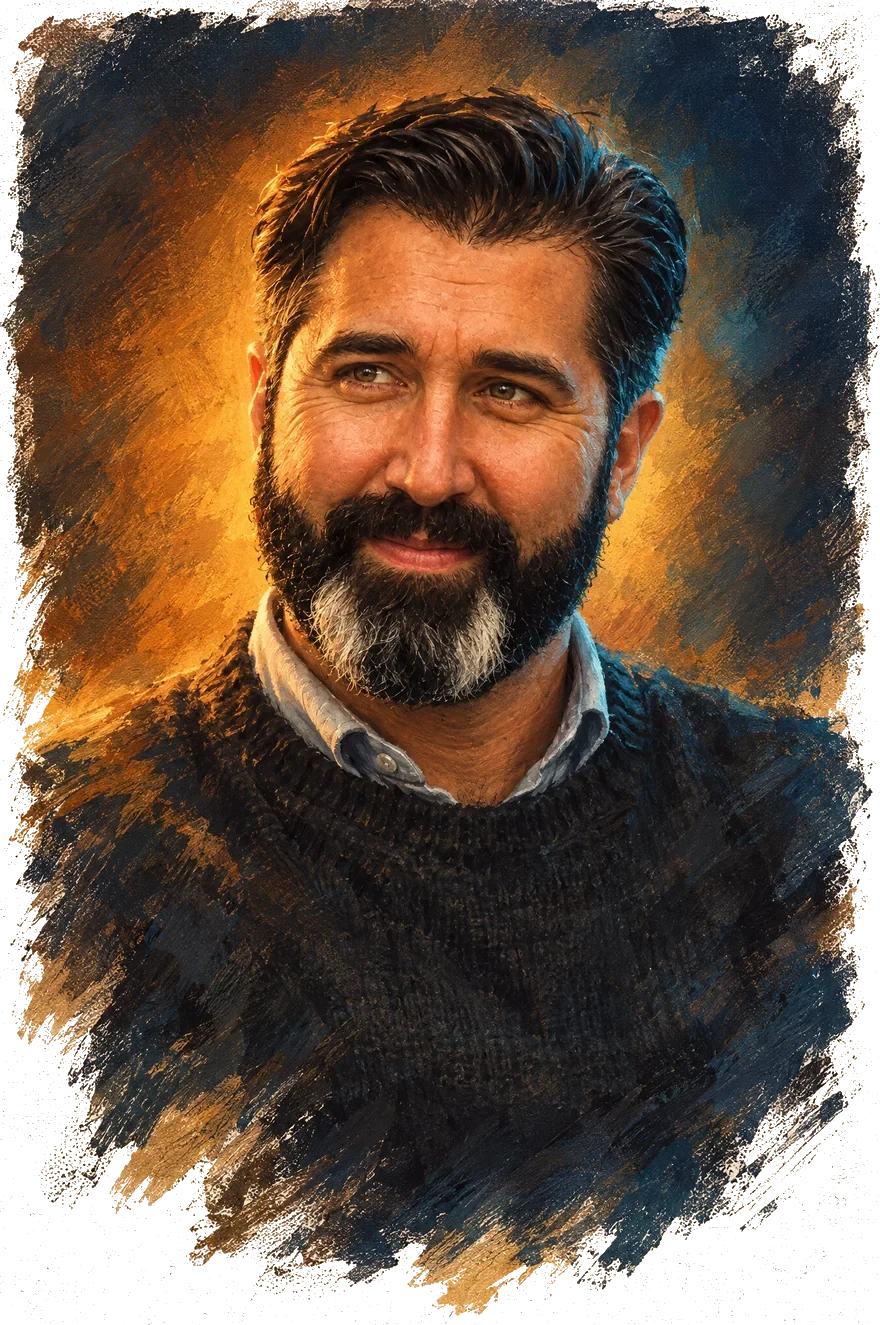 Concept-art portrait of Sean Forsgren in a 1980s den, lit by the warm glow of a CRT television