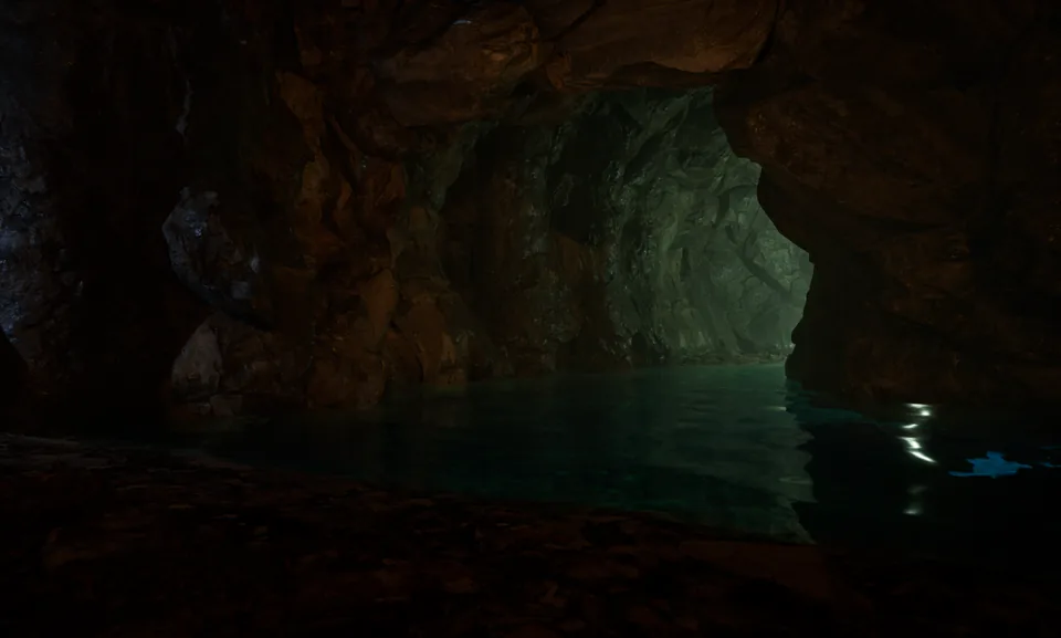 WYRM in-engine: A still, flooded cave pool lit teal