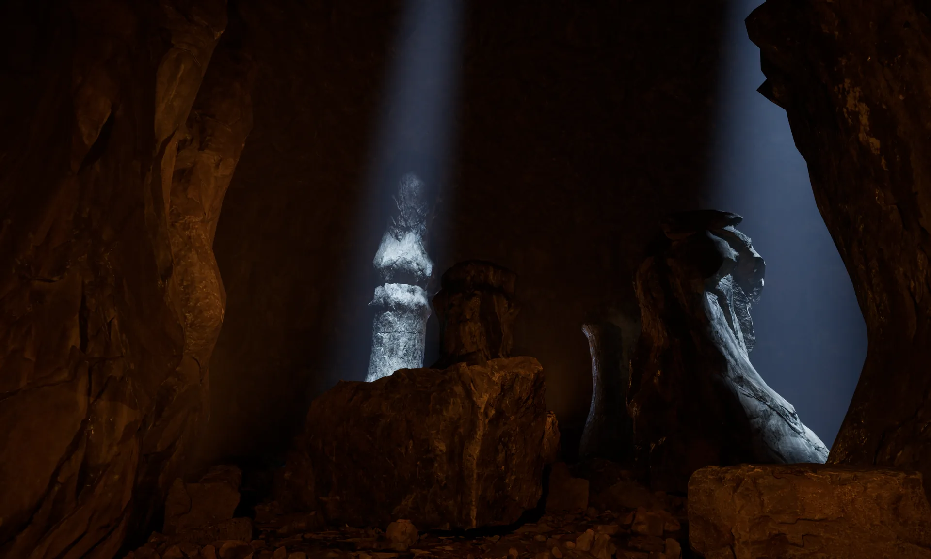 WYRM in-engine: moonlight falling on stone hoodoos in a cave chamber