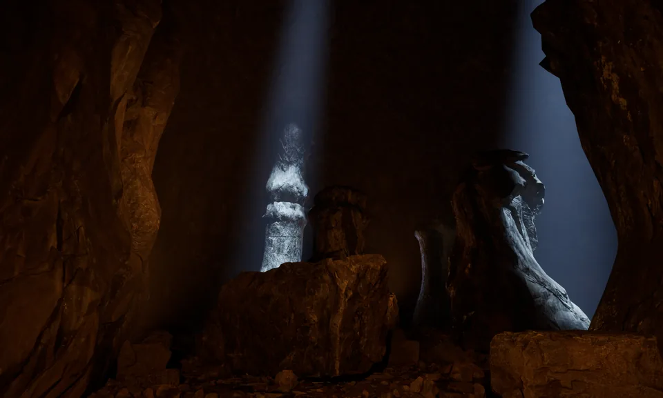 WYRM in-engine: Moonlight falling on stone hoodoos in a cave chamber