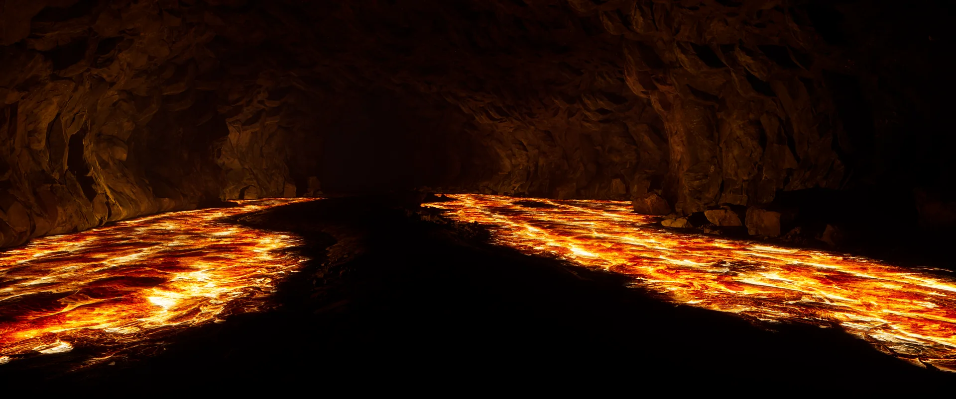 WYRM in-engine: a cave chamber split by rivers of glowing lava