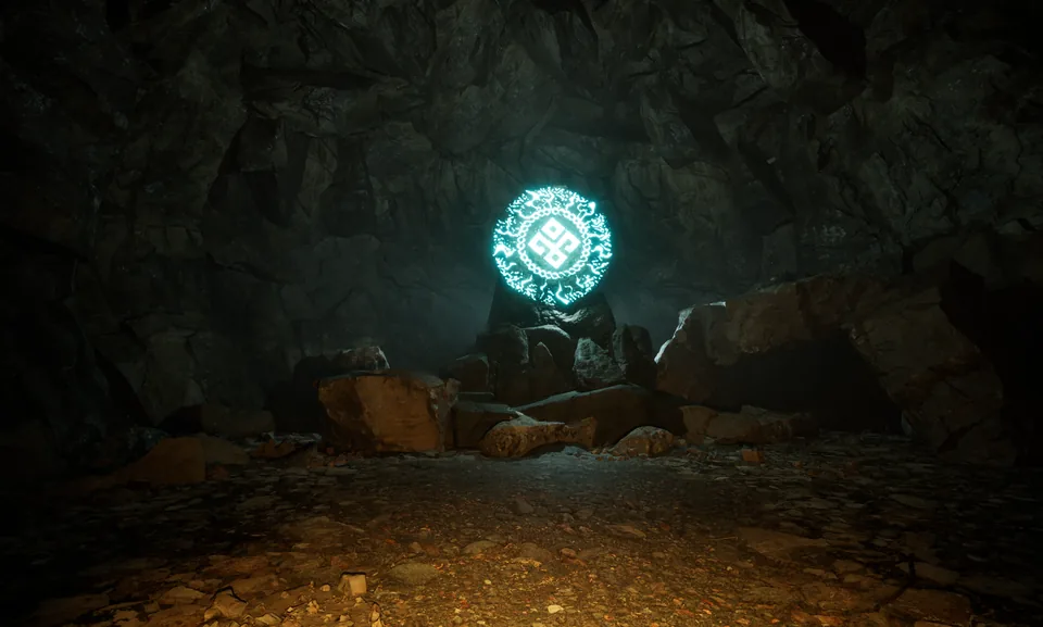 WYRM in-engine: a glowing teal rune shrine