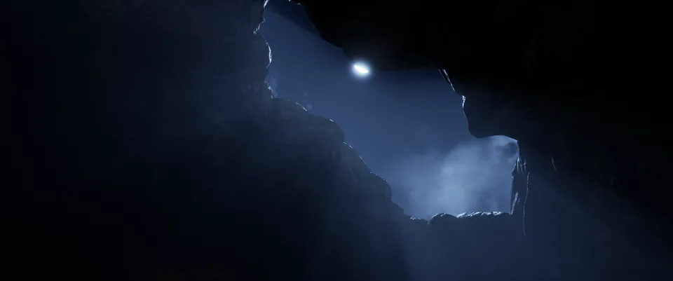 WYRM in-engine: Moonlight through a cave skylight
